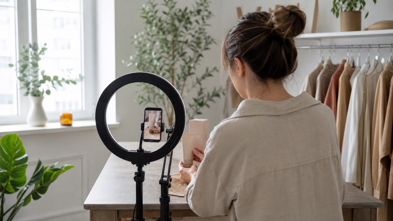 Detrás de escena de un video UGC: creador grabando un producto con el celular en un montaje casero — muestra sin marca
