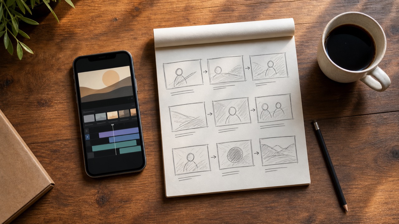 Storyboard de un anuncio corto: cuadros de guion junto al celular donde se edita el video vertical — muestra sin marca