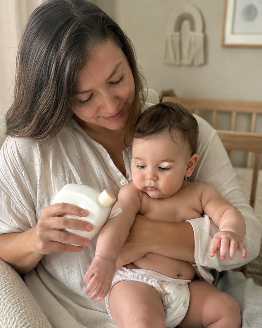 Anuncio UGC para Bebés: La mamá usando el producto con el bebé, mostrando el detalle de seguridad y comodidad.